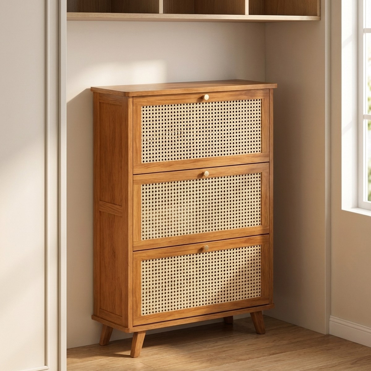 Sapateira vertical de bambu em closet de quarto encostada na parede