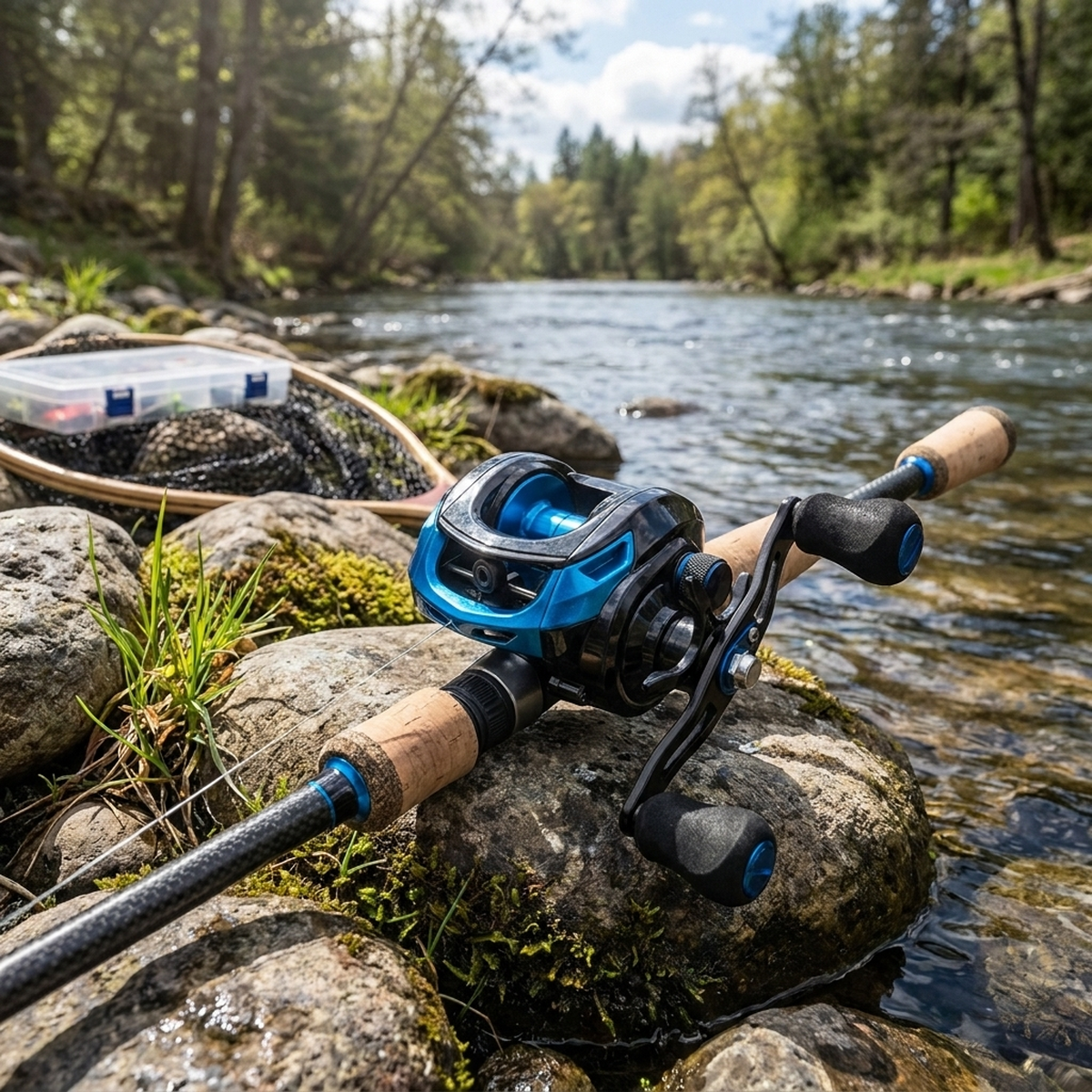 Carretilha de pesca FishPro AE-2000 azul montada na vara em beira de rio