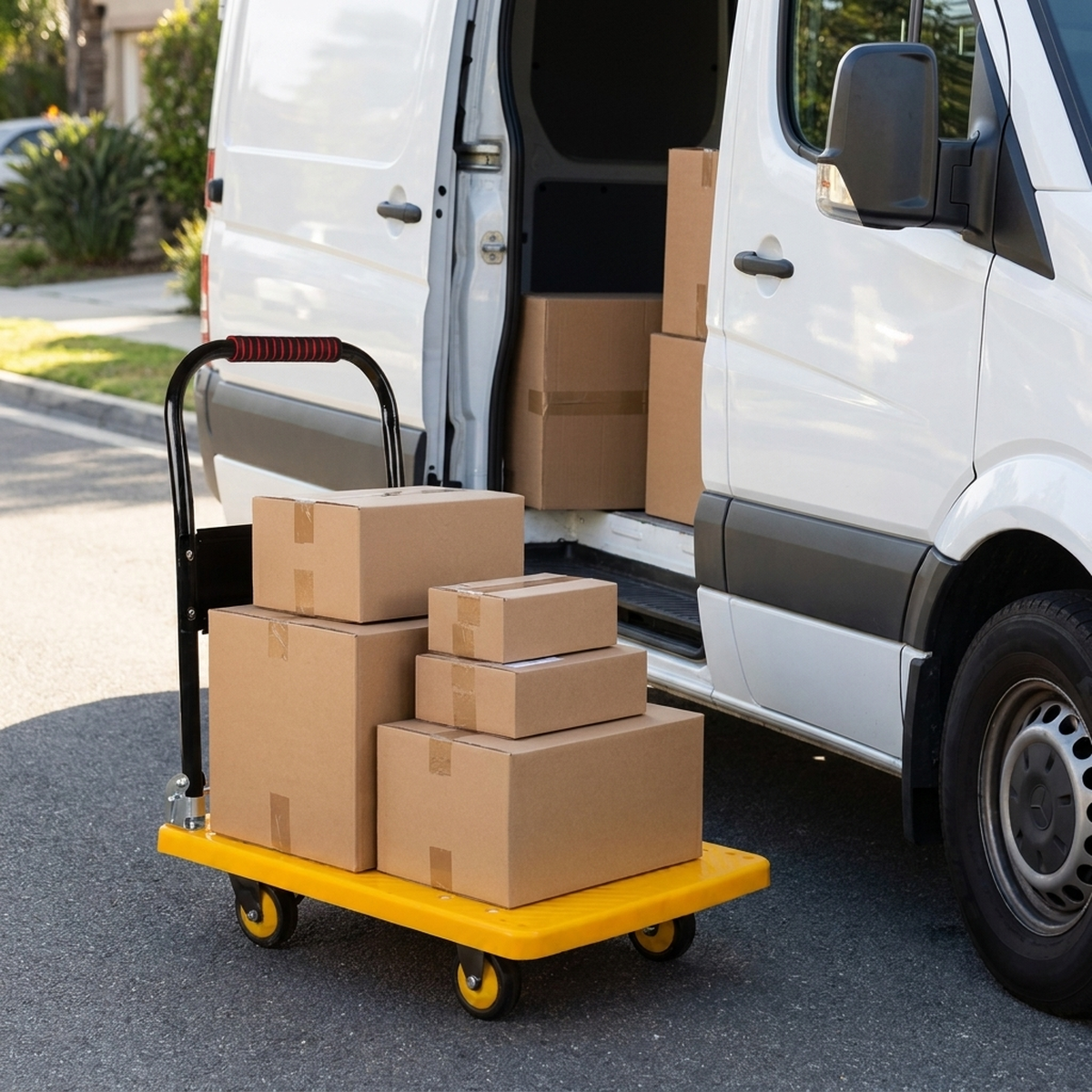 Carrinho plataforma de carga ao lado de van de entrega com caixas carregadas