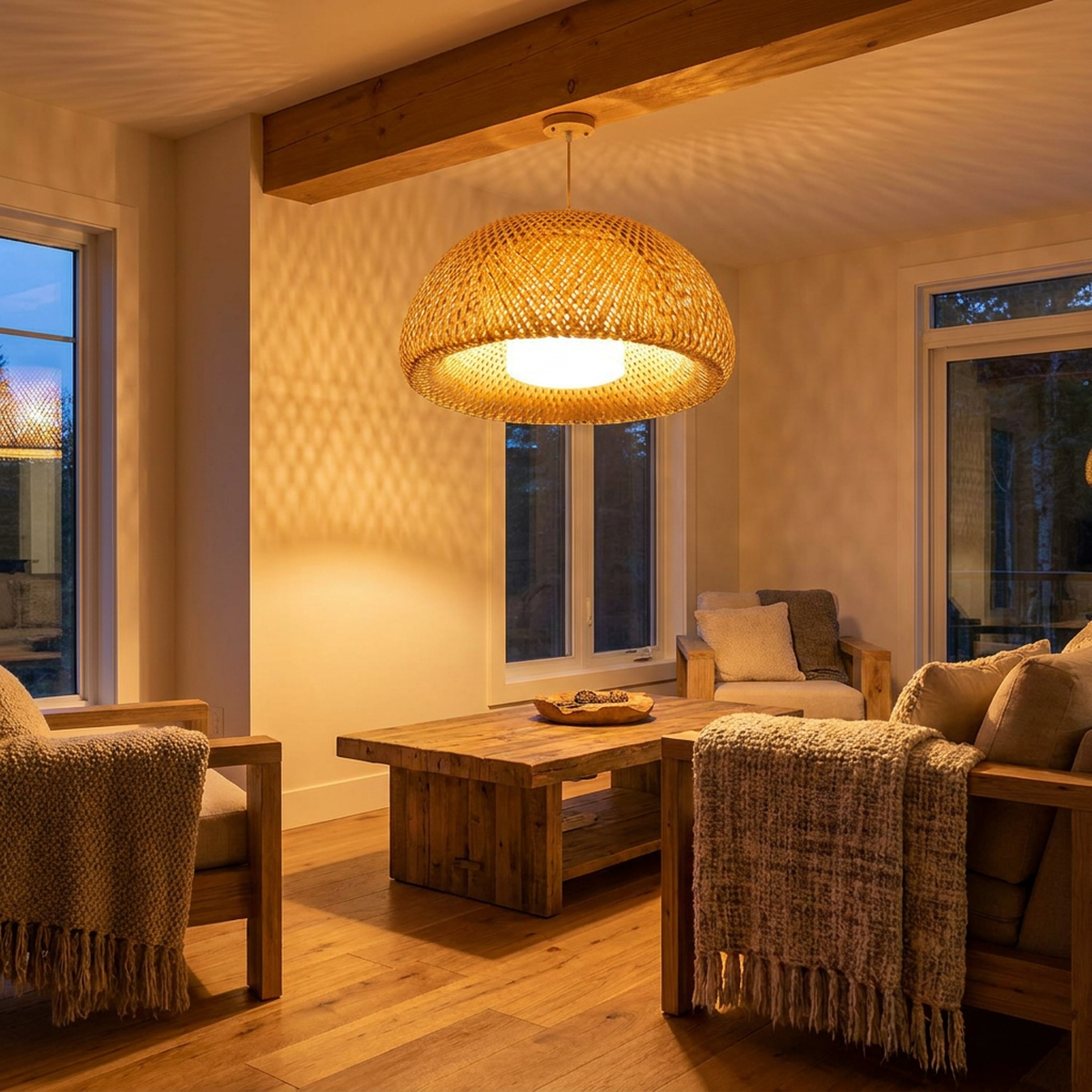 Lustre pendente de bambu Wood aceso em sala de estar ao entardecer