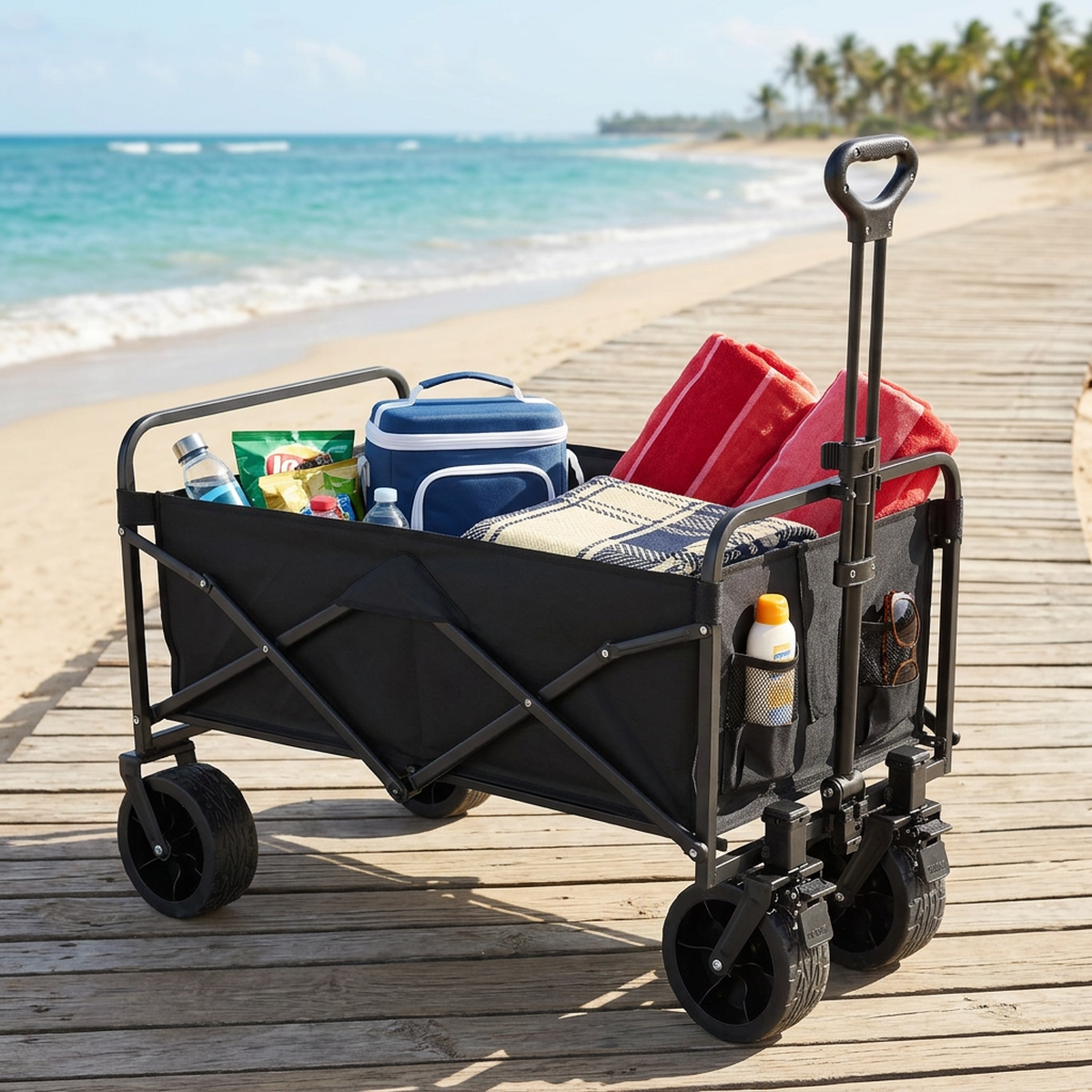 Carrinho de piquenique EasyGo estacionado em calçadão de praia com coolers