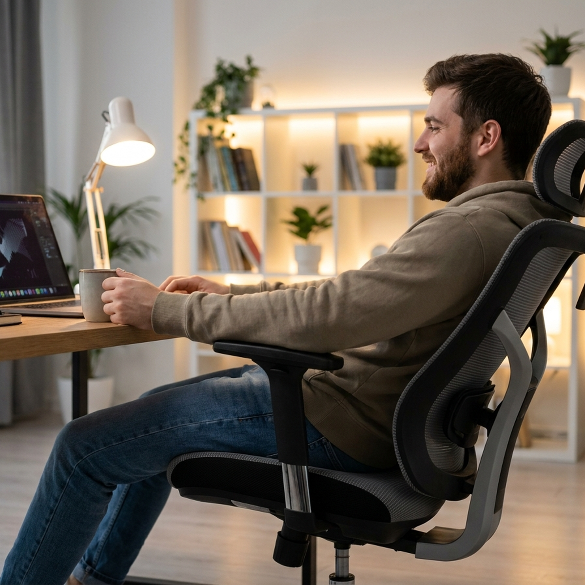Cadeira Gamer Ergonômica em home office com mesa de madeira e monitor