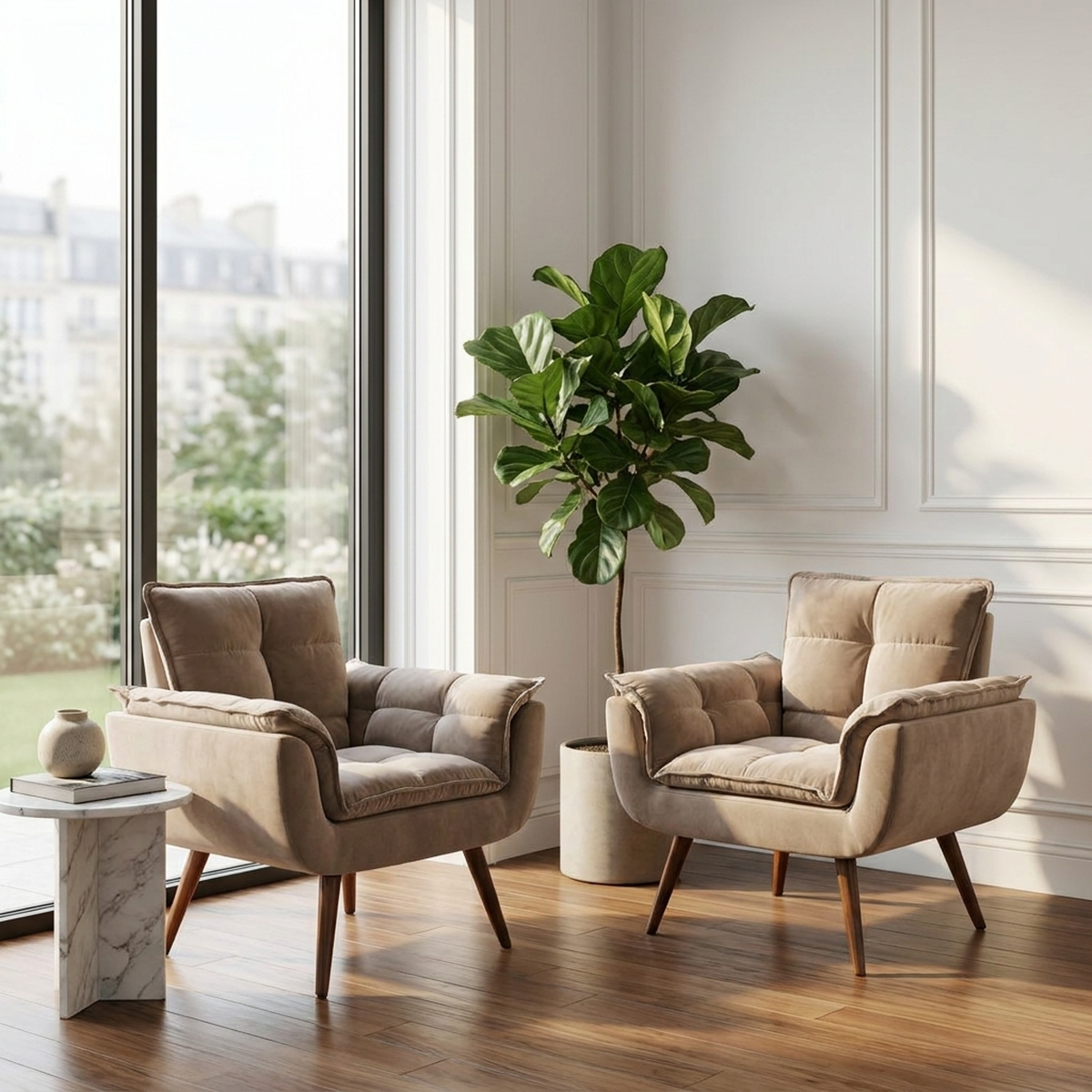 Poltronas decorativas Opala em recepção elegante próximo à janela