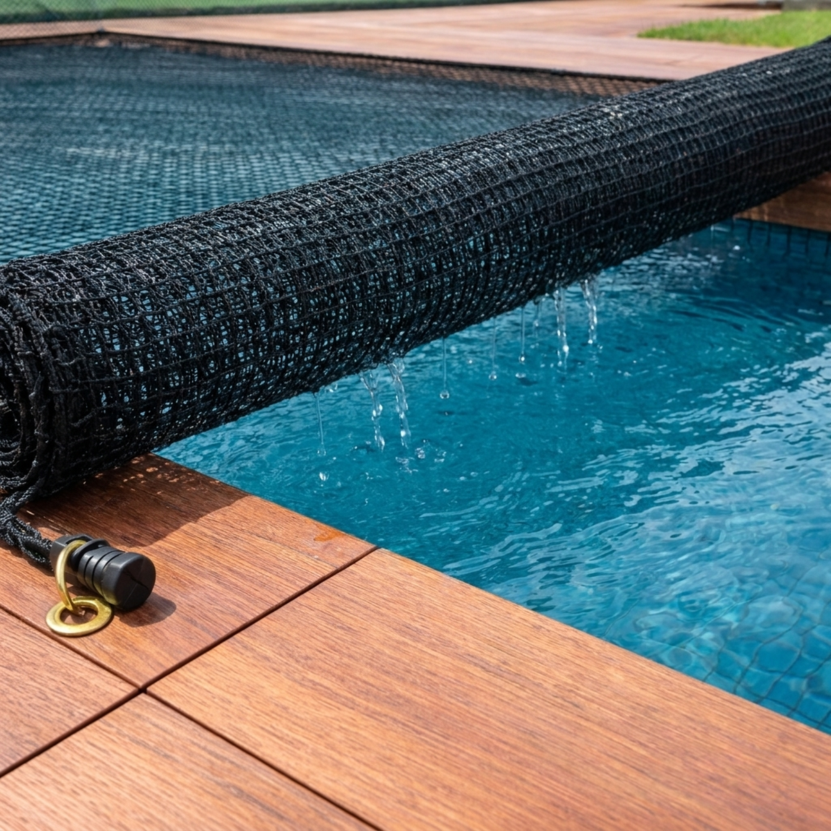 Borda da capa para piscina permeável mostrando drenagem da água pela malha