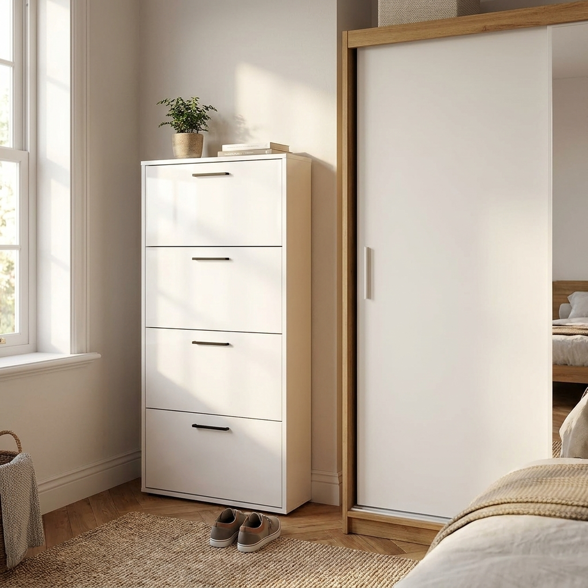 Armário Sapateira Safira encostado na parede do quarto próximo ao closet