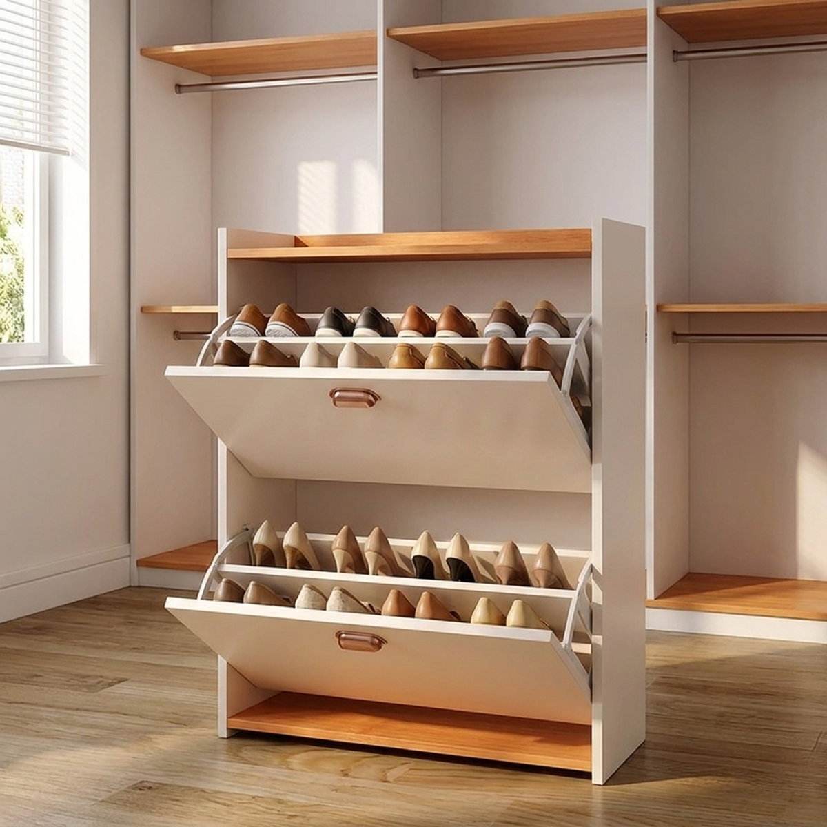 Sapateira basculante de madeira em closet com pares de sapatos visíveis