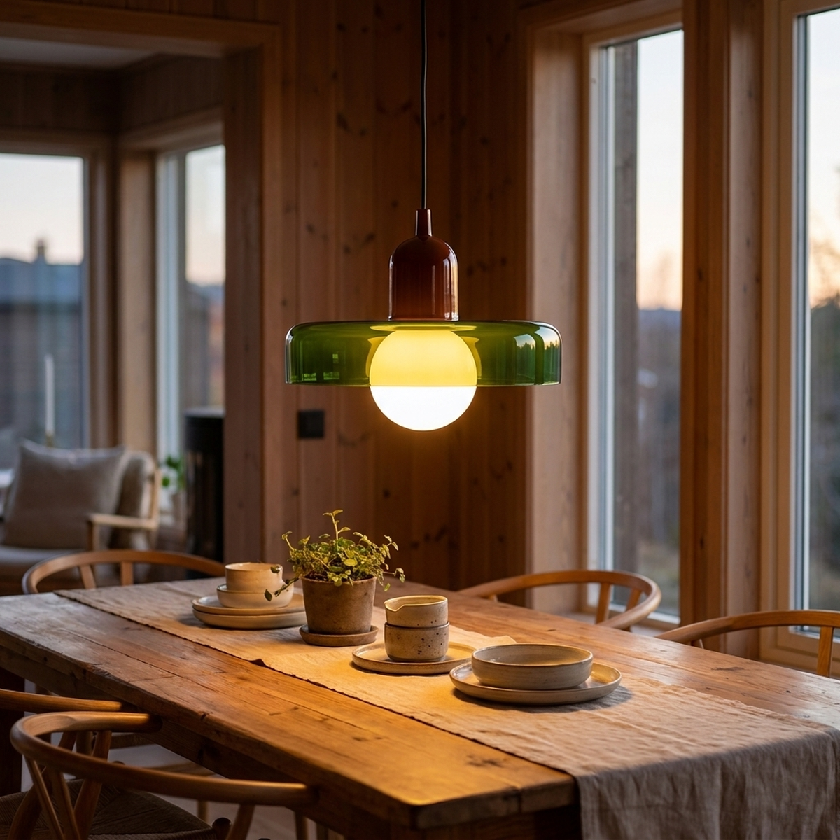 Luminária Pendente Nórdica verde e verde sobre mesa de jantar