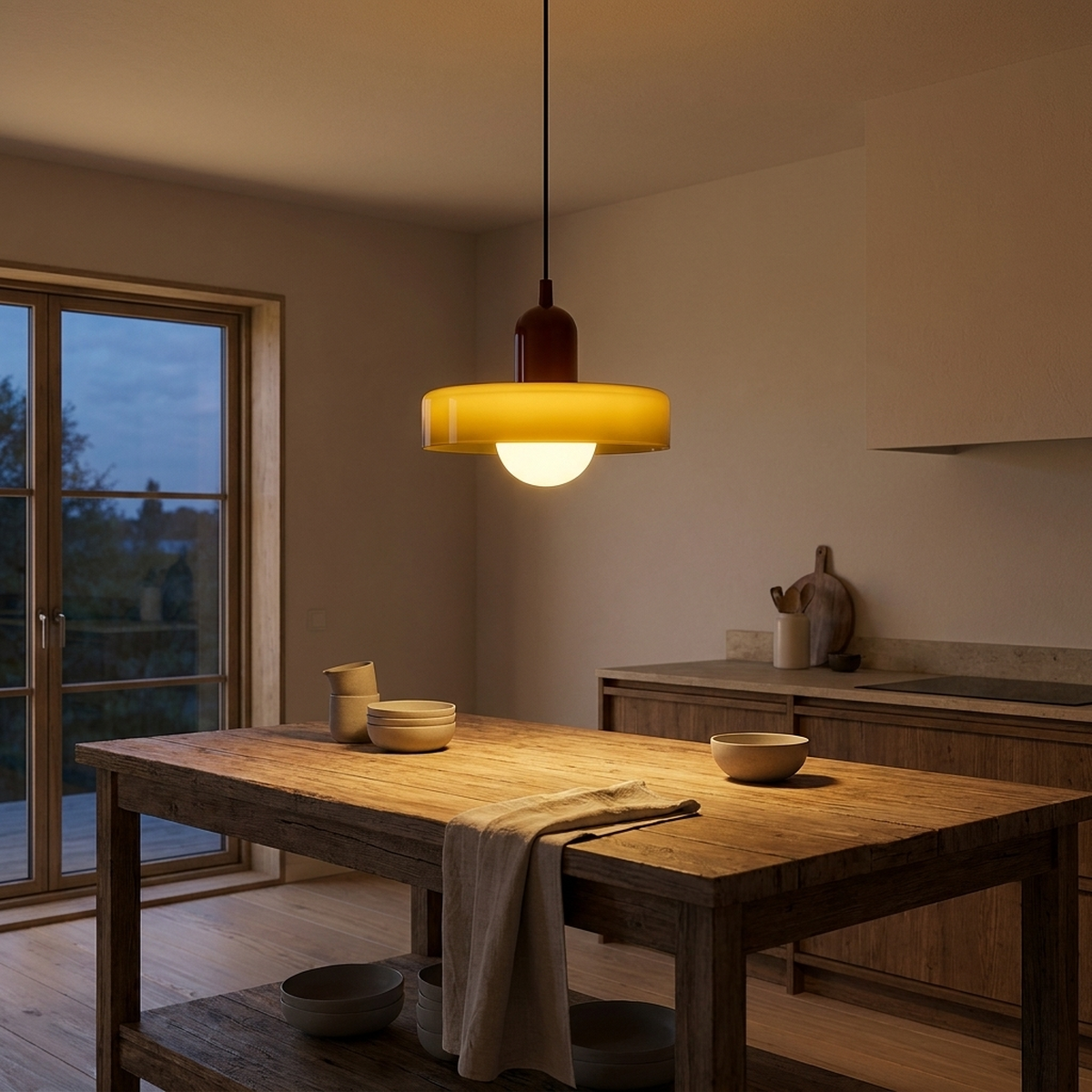Luminária pendente nórdica pendurada sobre ilha de cozinha ao entardecer