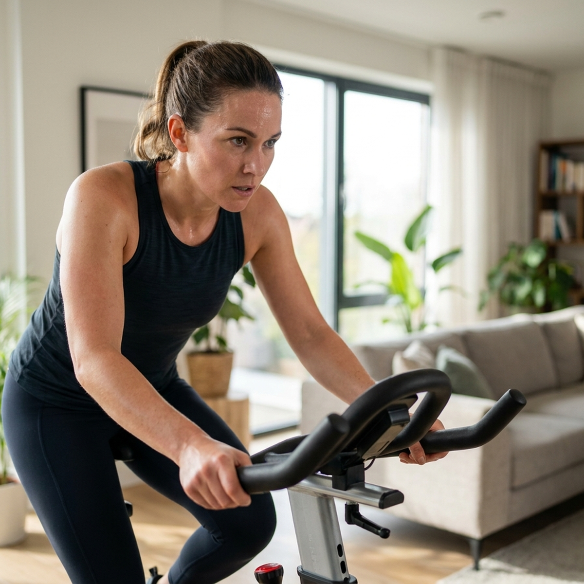 Bicicleta Ergométrica Indoor em cantinho de treino de apartamento