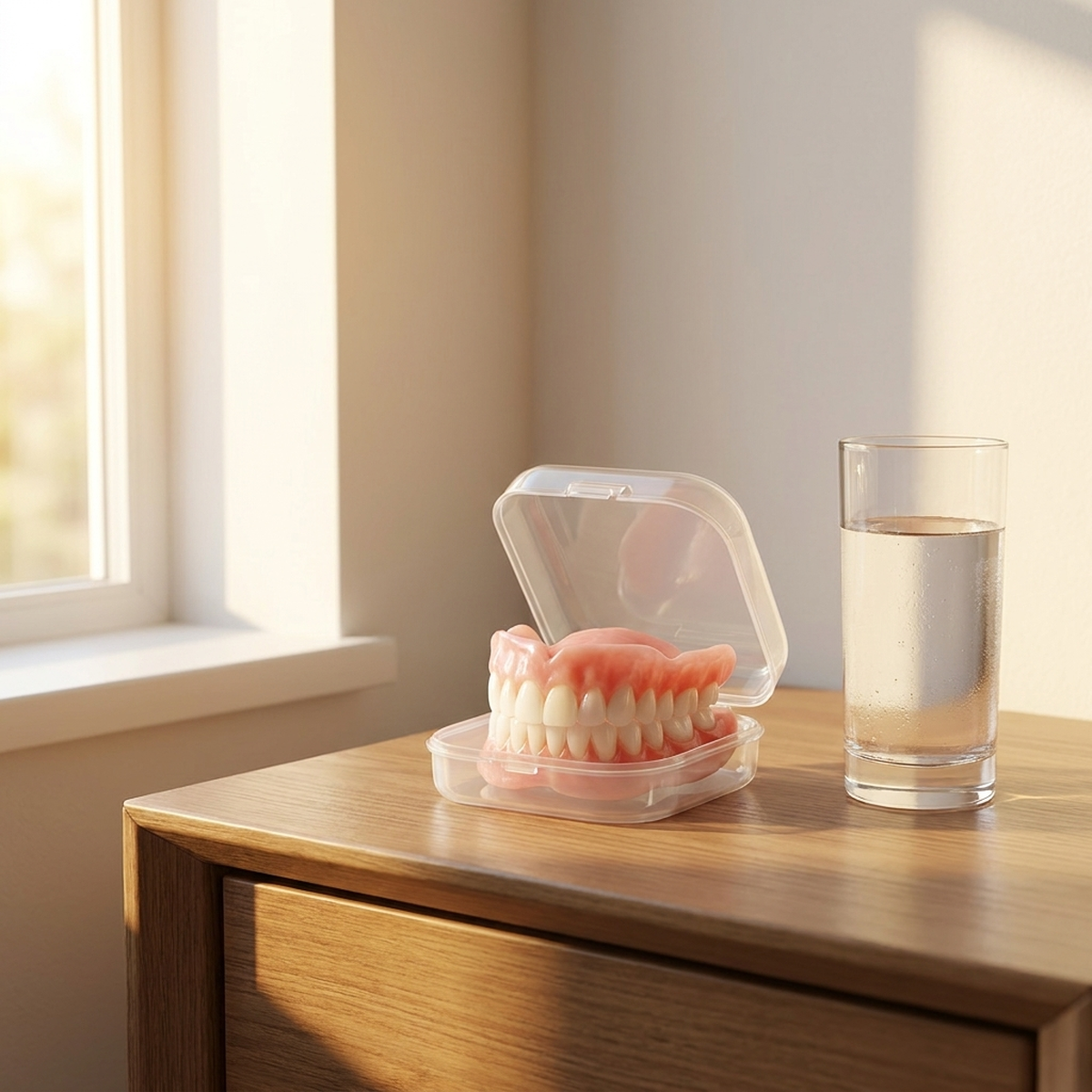 Estojo com a dentadura AdaptaSmile sobre criado-mudo ao lado de um copo d'água