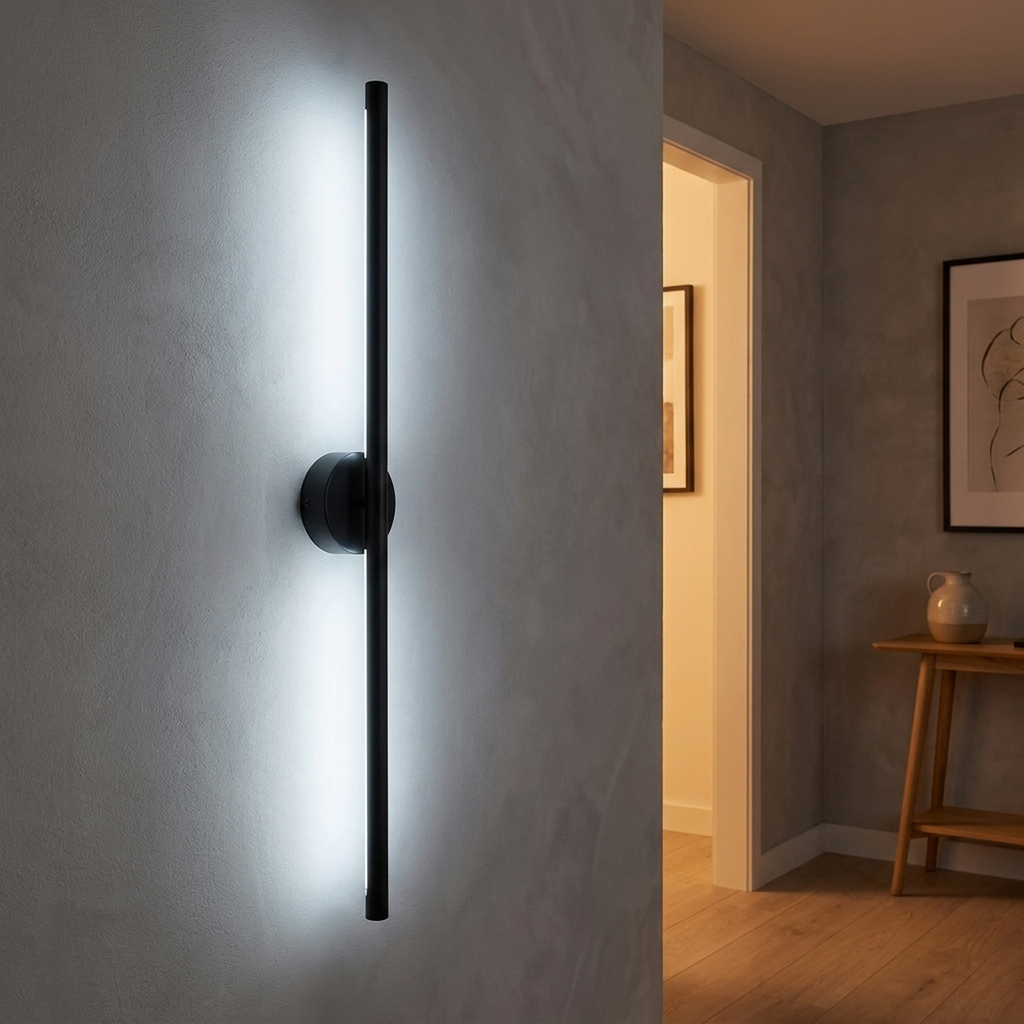 Arandela Ponto Lines preta com luz LED branca acesa no corredor