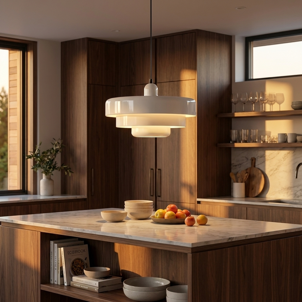 Pendente Retrô Urban Loft branco sobre ilha de cozinha moderna