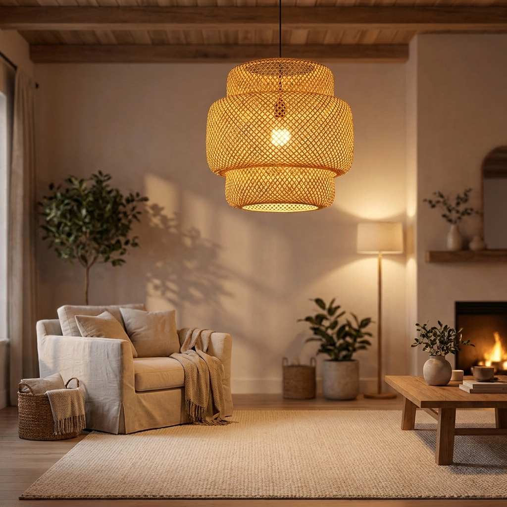 Lustre pendente de bambu rattan aceso em sala de estar ao entardecer
