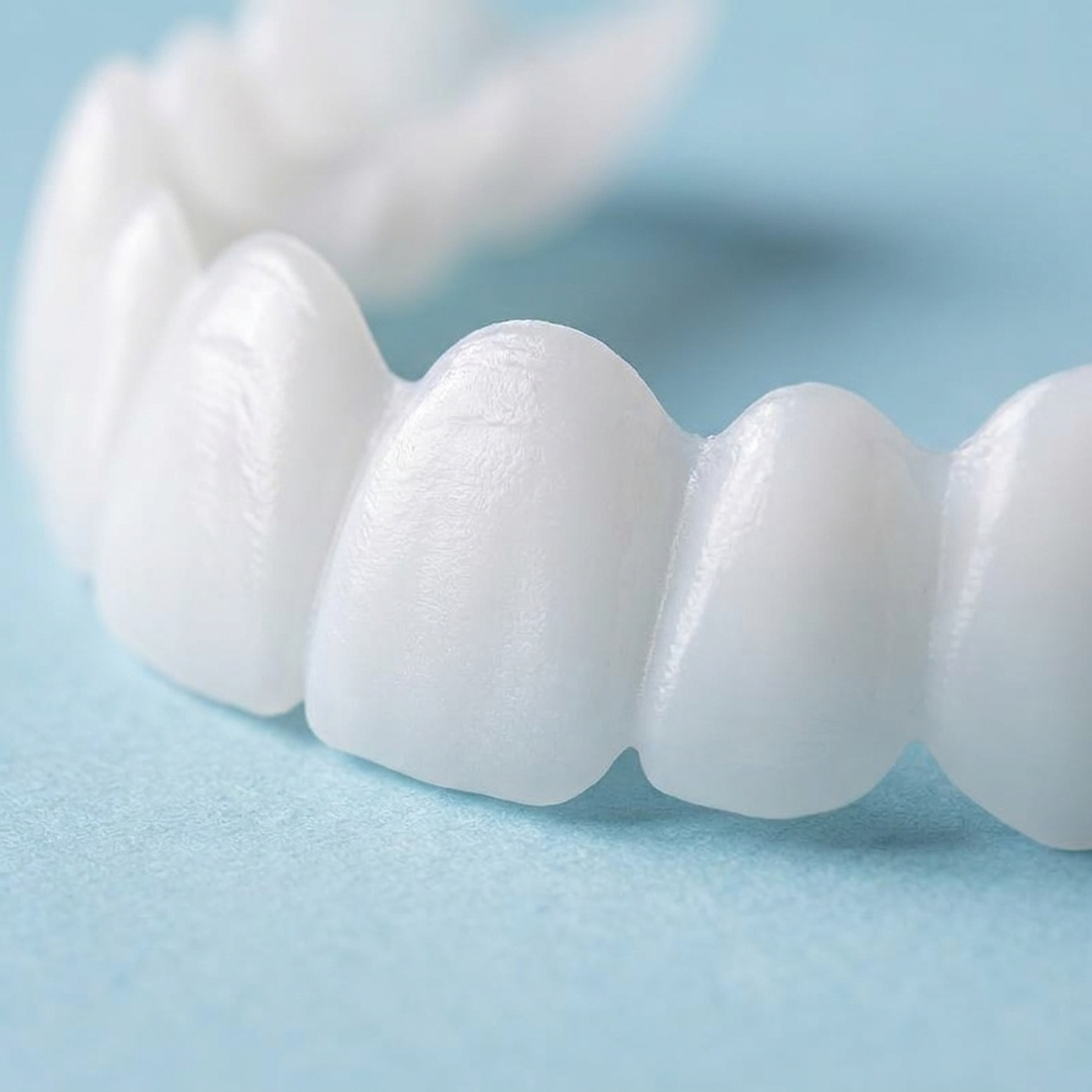 Detalhe da textura e formato natural dos dentes das facetas SorrisoFlex