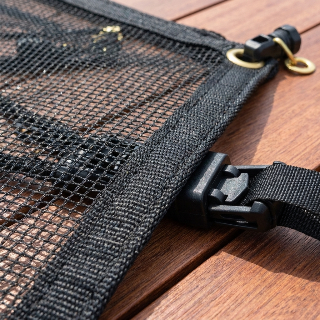 Detalhe da trama e ilhós reforçado da capa para piscina permeável