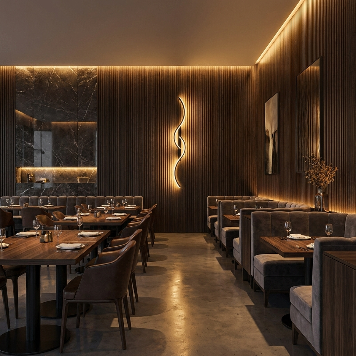 Arandela LED S-Lines em ambiente de restaurante sofisticado