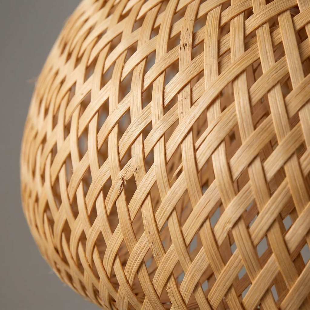 Detalhe da trama artesanal de bambu do lustre pendente Wood