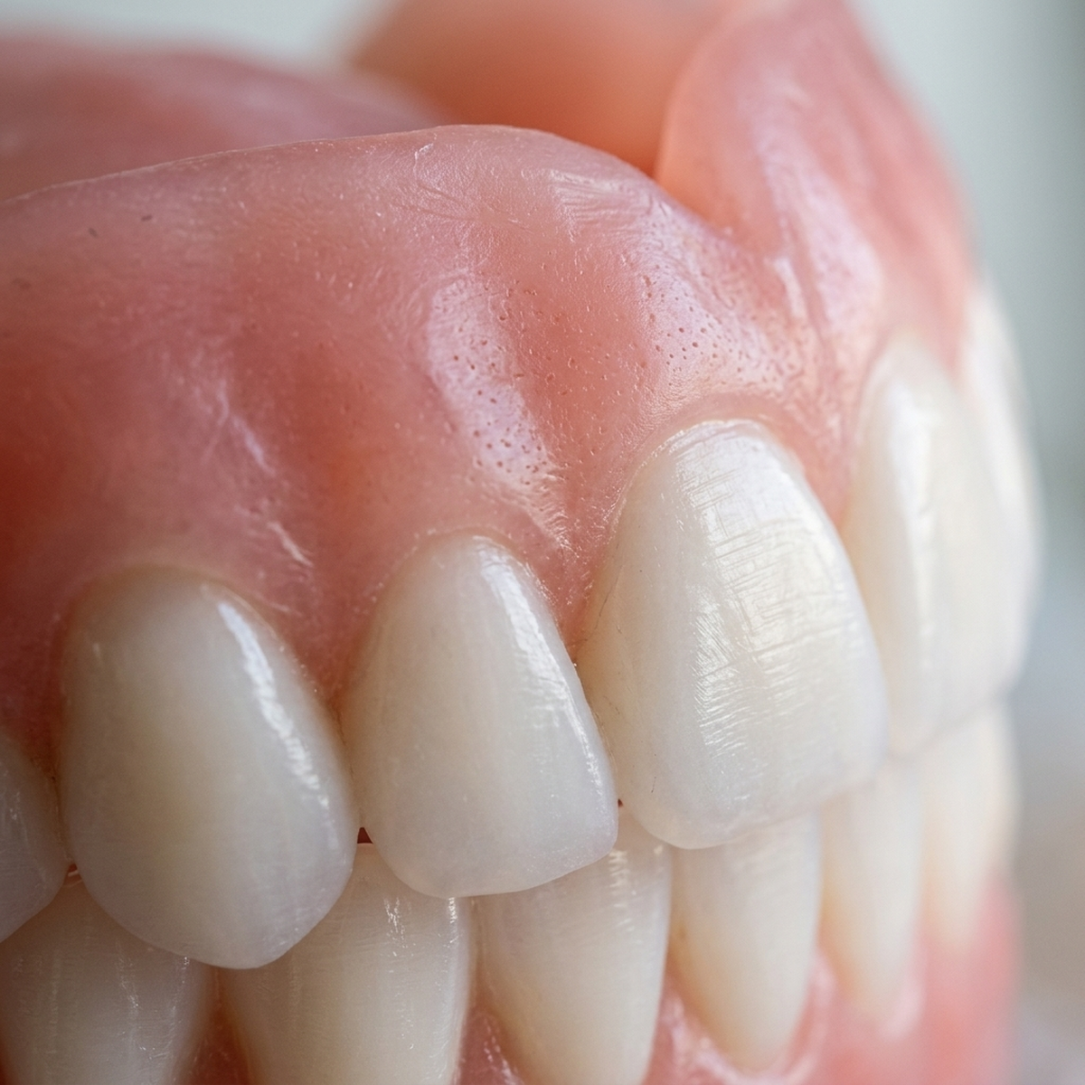 Detalhe da textura flexível do material da dentadura de silicone AdaptaSmile