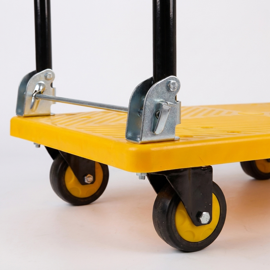 Detalhe das rodas de PU e estrutura dobrável do carrinho plataforma de carga