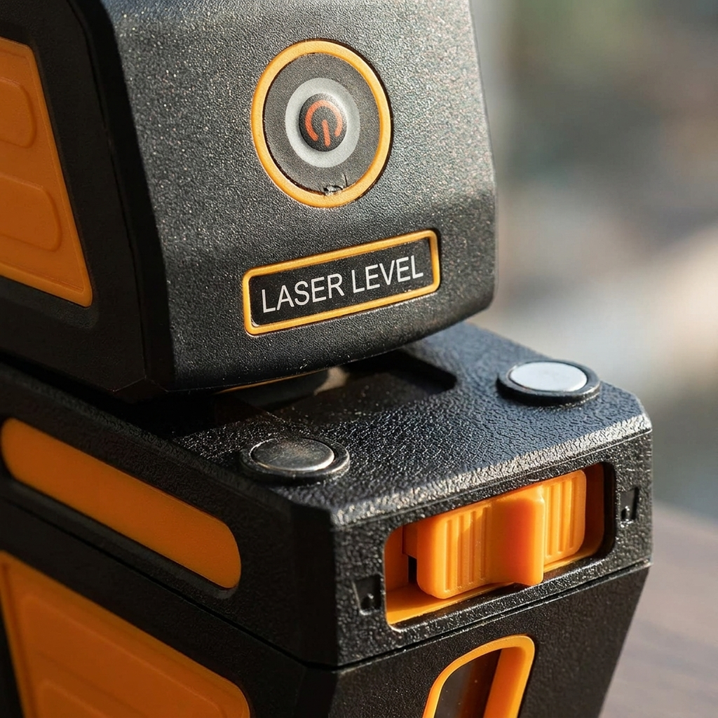Detalhe dos botões de controle e base magnética do nível a laser
