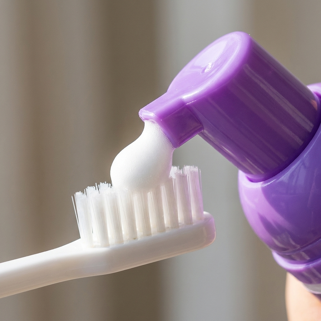 Detalhe do bico do tubo de clareador dental com creme aplicado no pincel