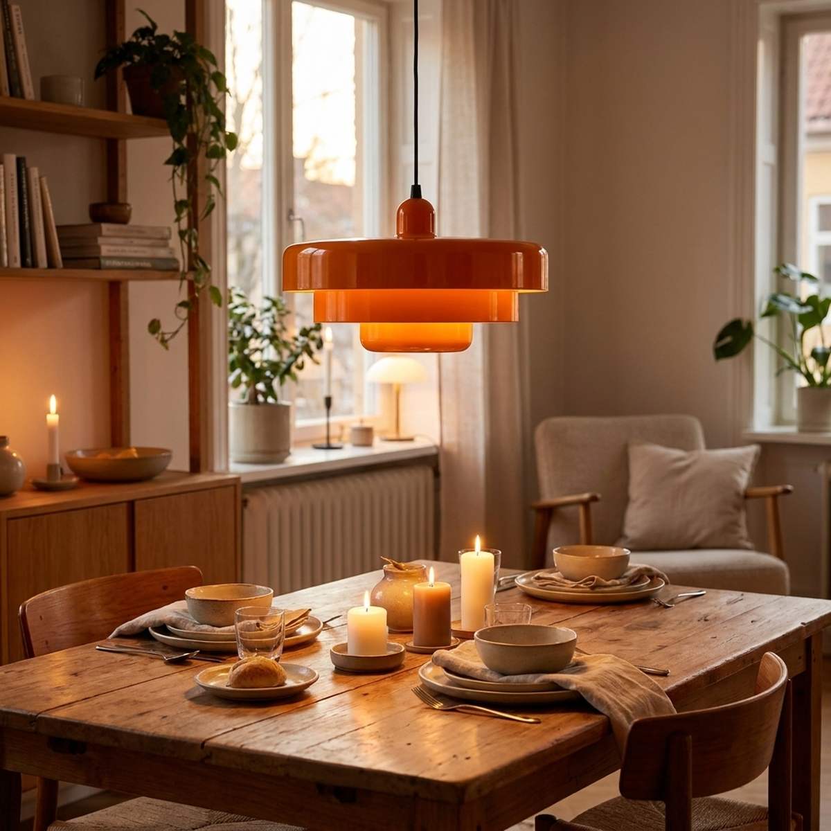Pendente Retrô Urban Loft laranja sobre mesa de jantar aconchegante