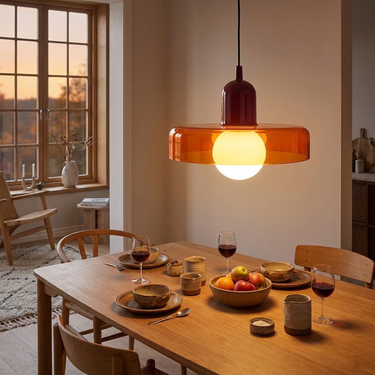 Luminária Pendente Nórdica laranja e vinho sobre mesa de jantar