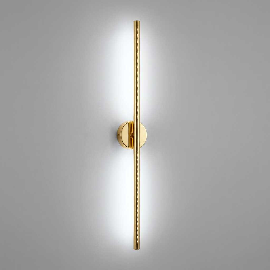 Arandela Ponto Lines dourada com luz LED branca em fundo neutro