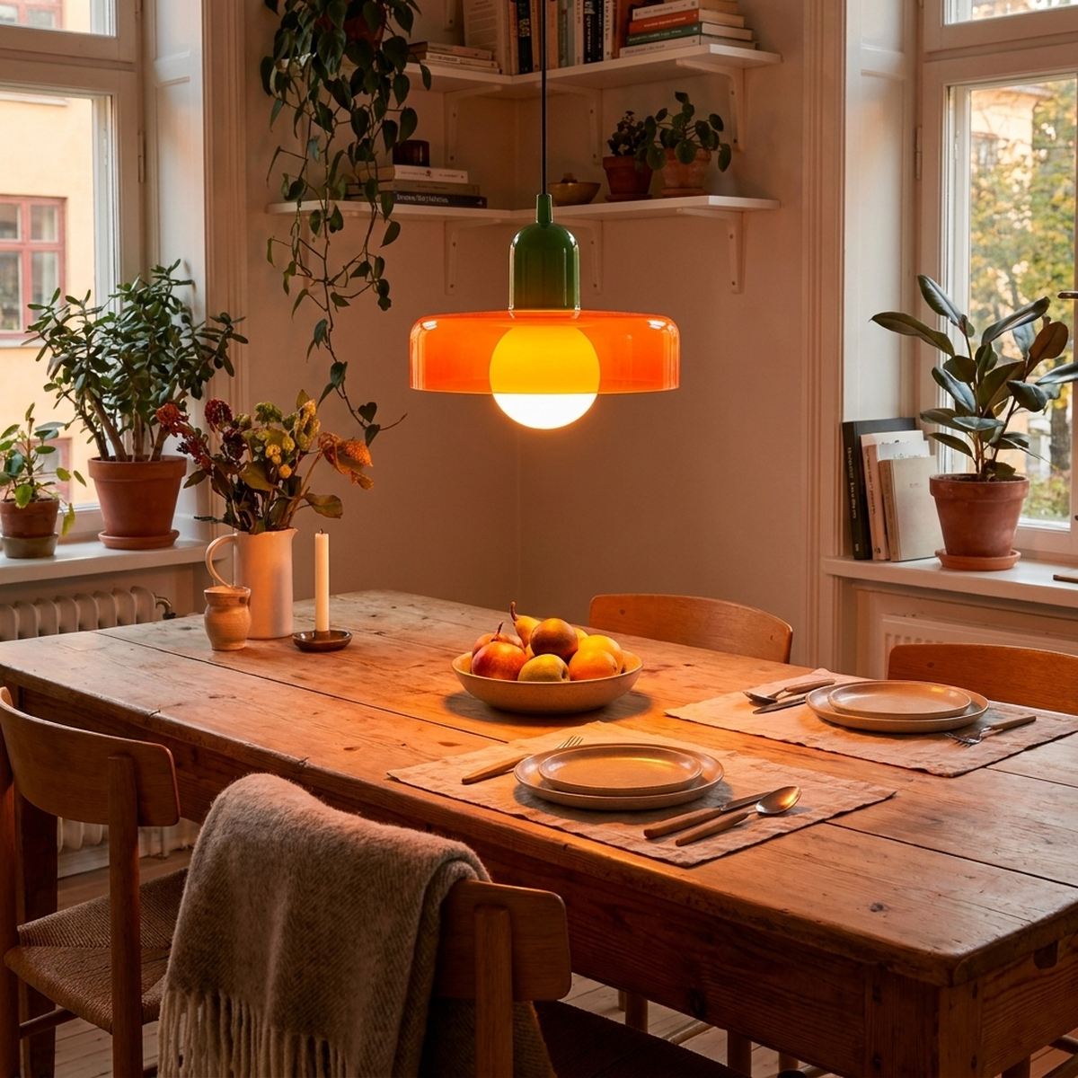 Luminária Pendente Nórdica laranja e verde sobre mesa de jantar