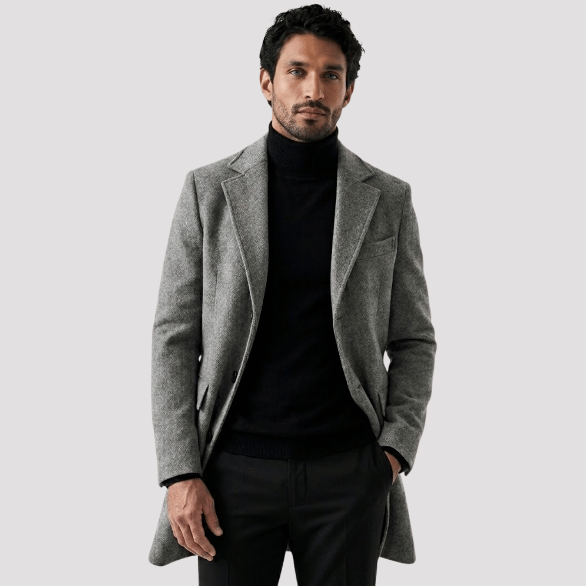 Sobretudo Masculino Longo de Lã Cinza