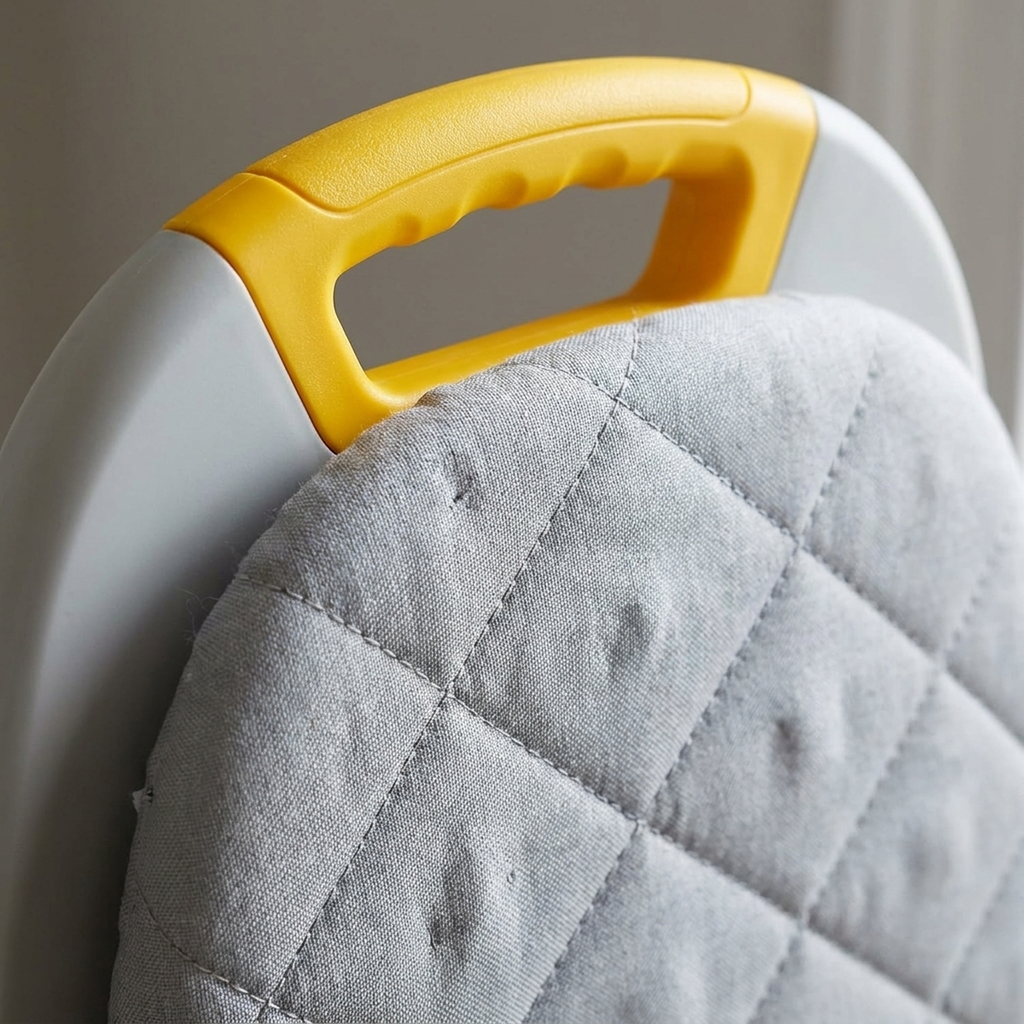 Detalhe do tecido acolchoado e da alça amarela da tábua CompactPress